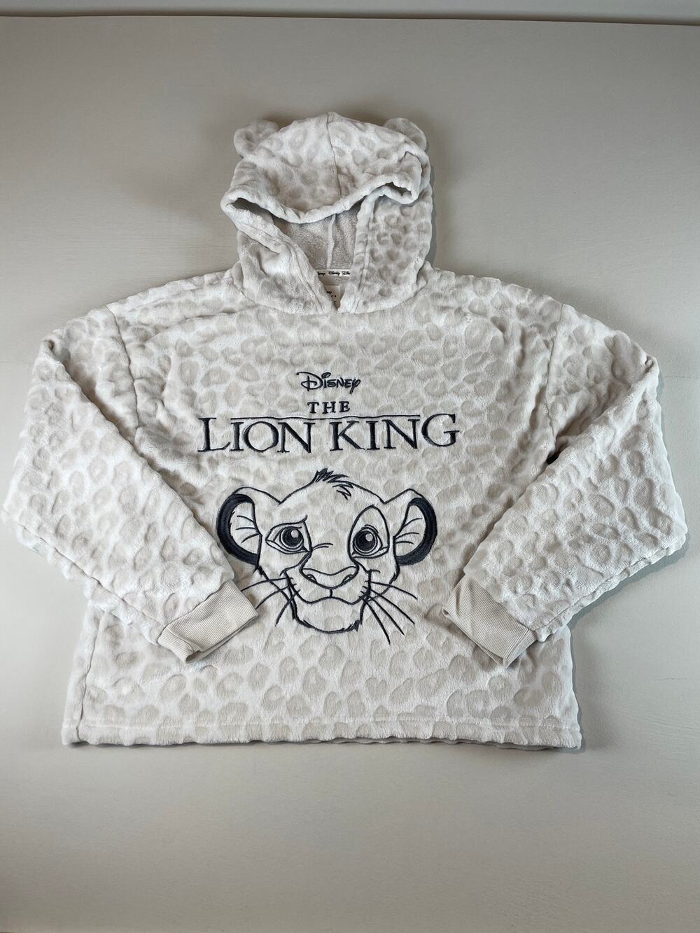 Disney White Fleece Hoodie Lion King Embroidered Logo Animal Print Size S